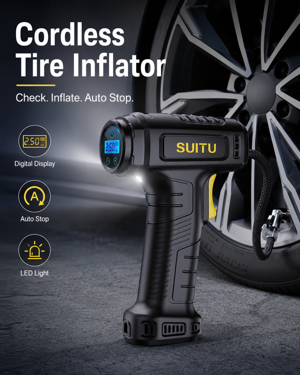 Cordless digital tire inflator beside a car wheel