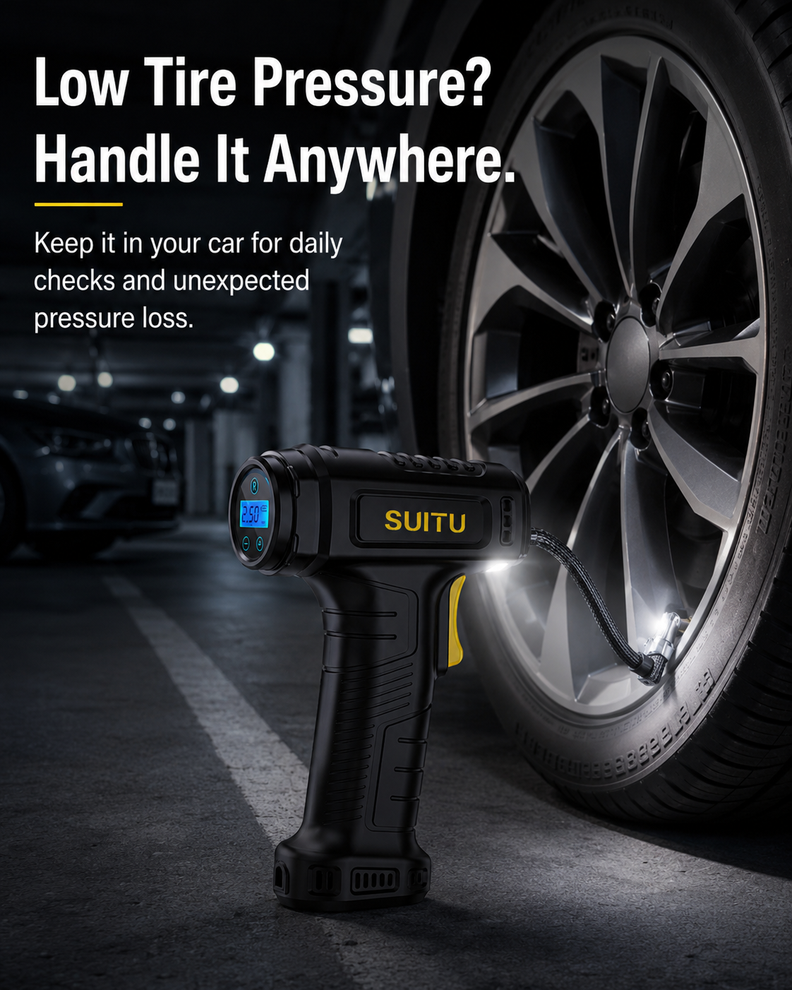 Cordless tire inflator for roadside pressure checks