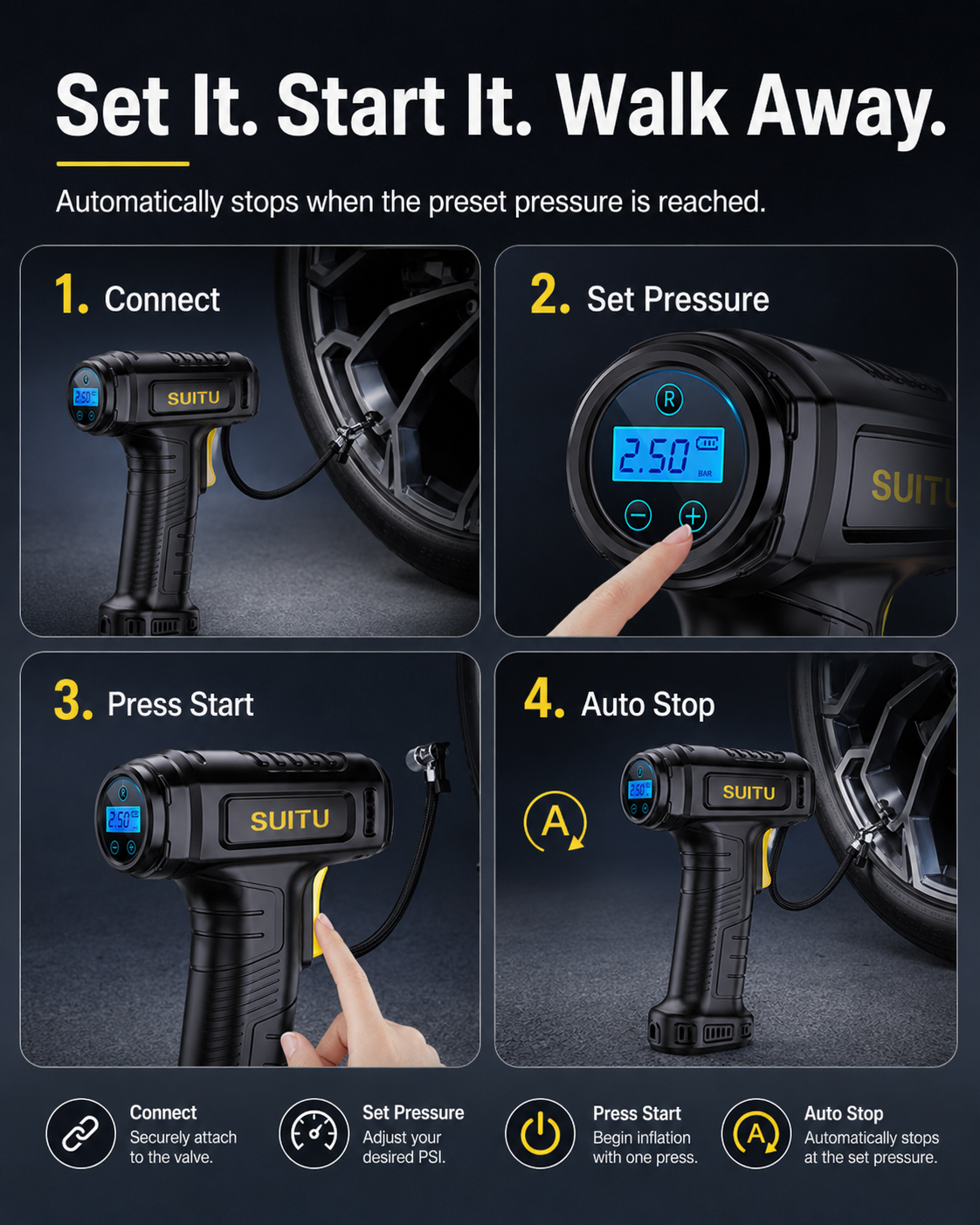Four-step preset pressure and automatic shutoff guide
