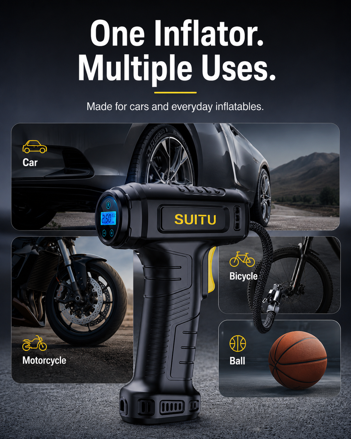 Cordless inflator for cars motorcycles bicycles and balls