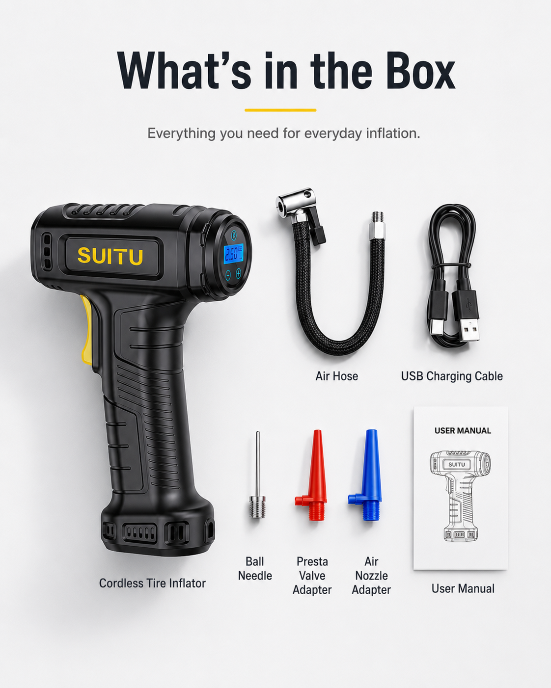 Cordless digital tire inflator box contents and accessories