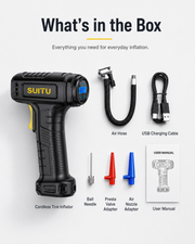 Cordless digital tire inflator box contents and accessories
