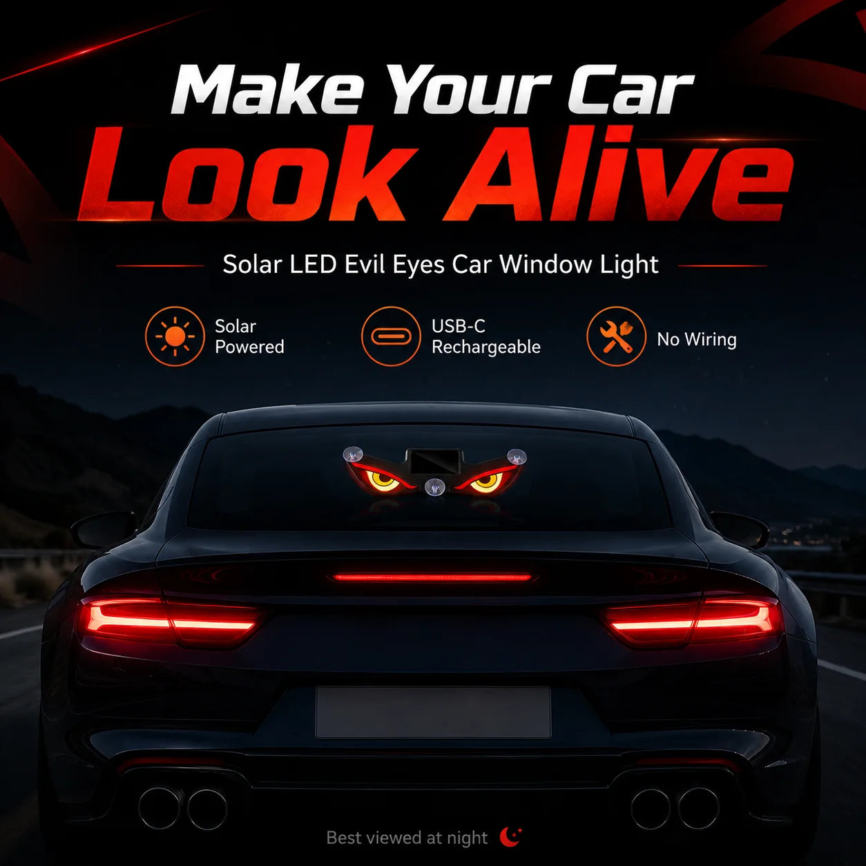 Solar LED Evil Eyes installed on a rear windshield at night