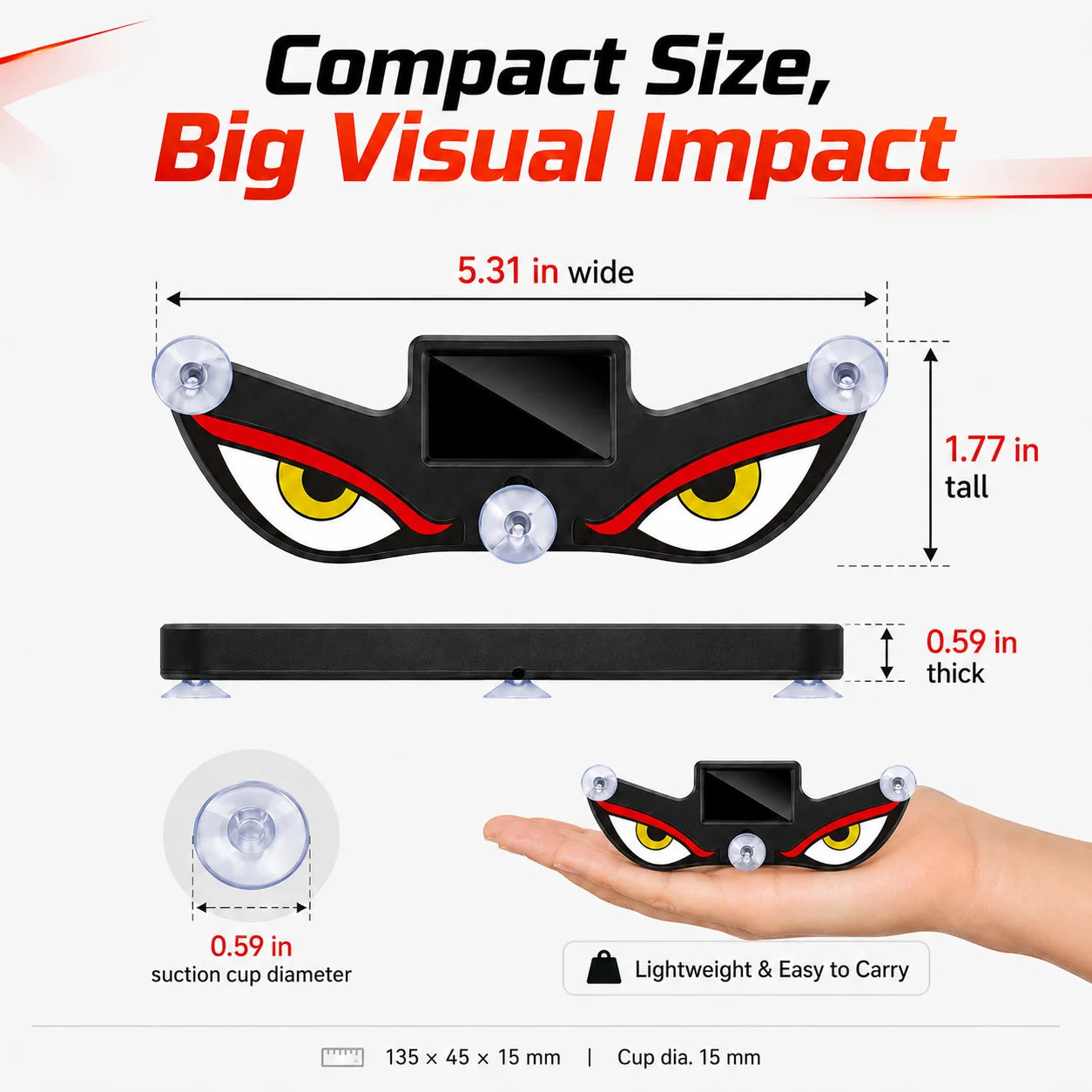 Evil Eyes dimensions and hand-held size reference