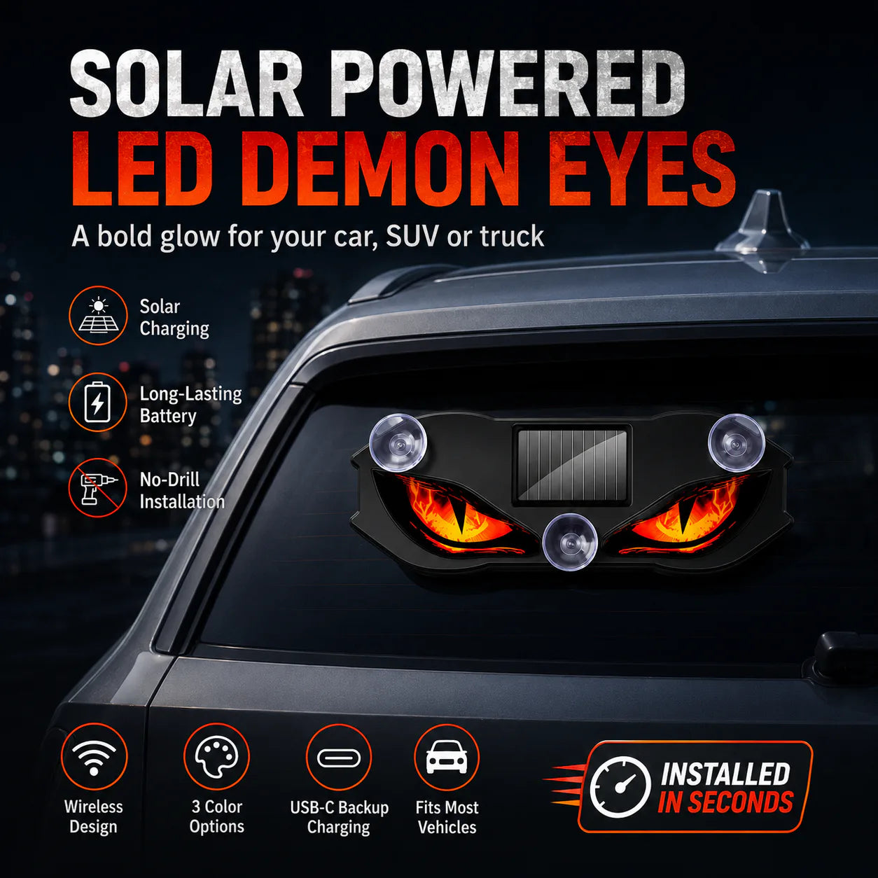Solar-powered Generation 2 LED Demon Eyes on an SUV window