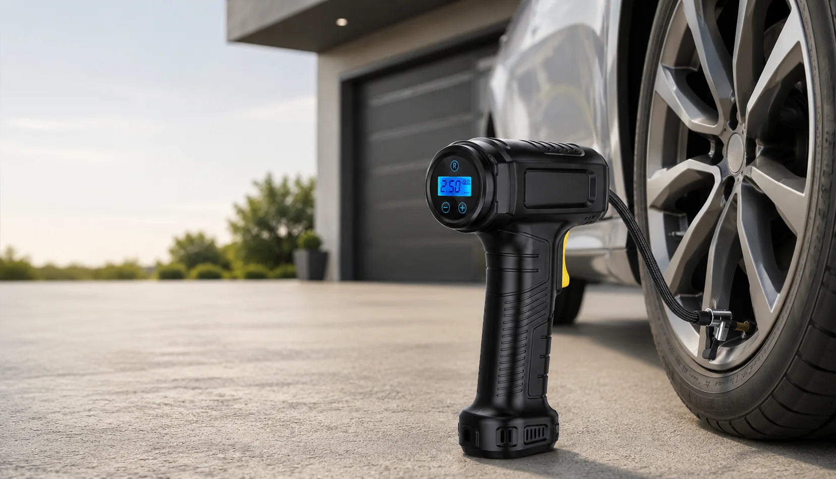 Cordless digital tire inflator connected to a car tire