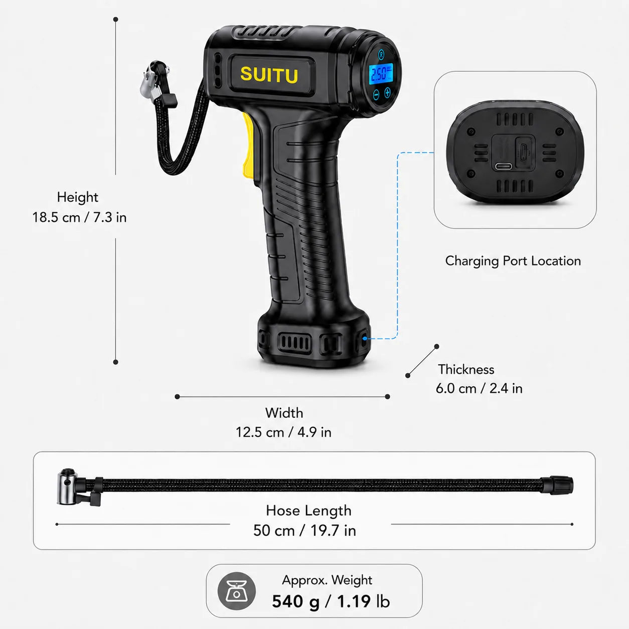 Cordless tire inflator dimensions, hose length, approximate weight and charging port location