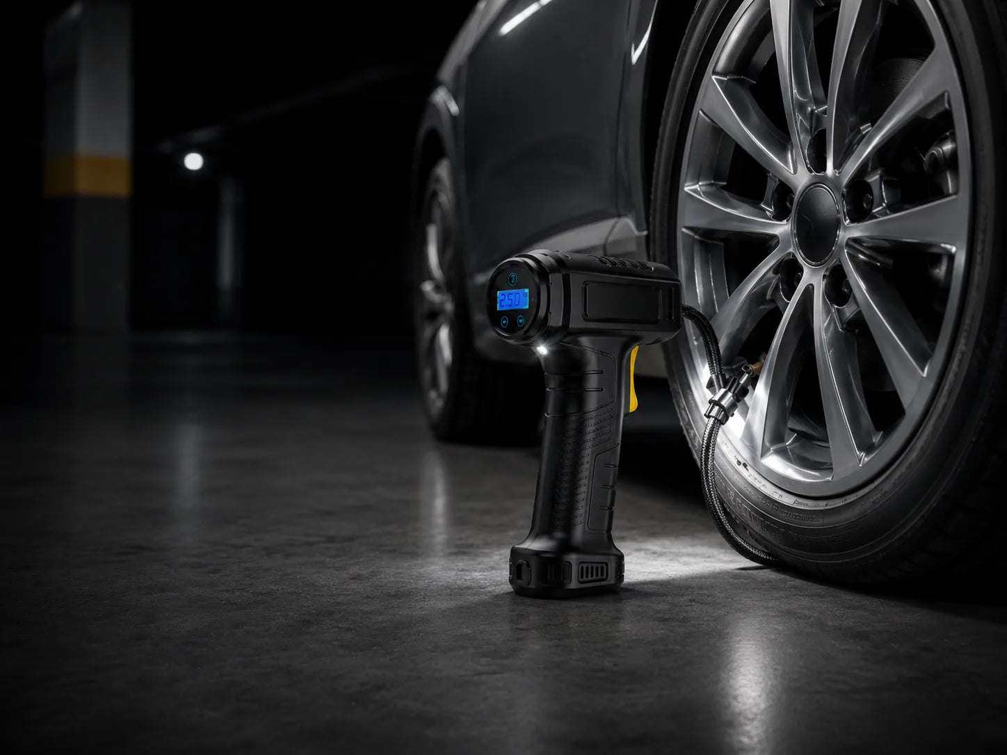 Cordless tire inflator illuminating a tire valve at night, desktop layout