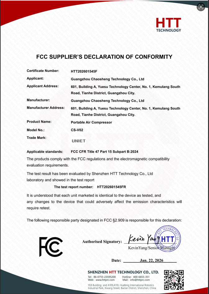 FCC Supplier’s Declaration of Conformity HTT202601545F for portable air compressor model CS-V02